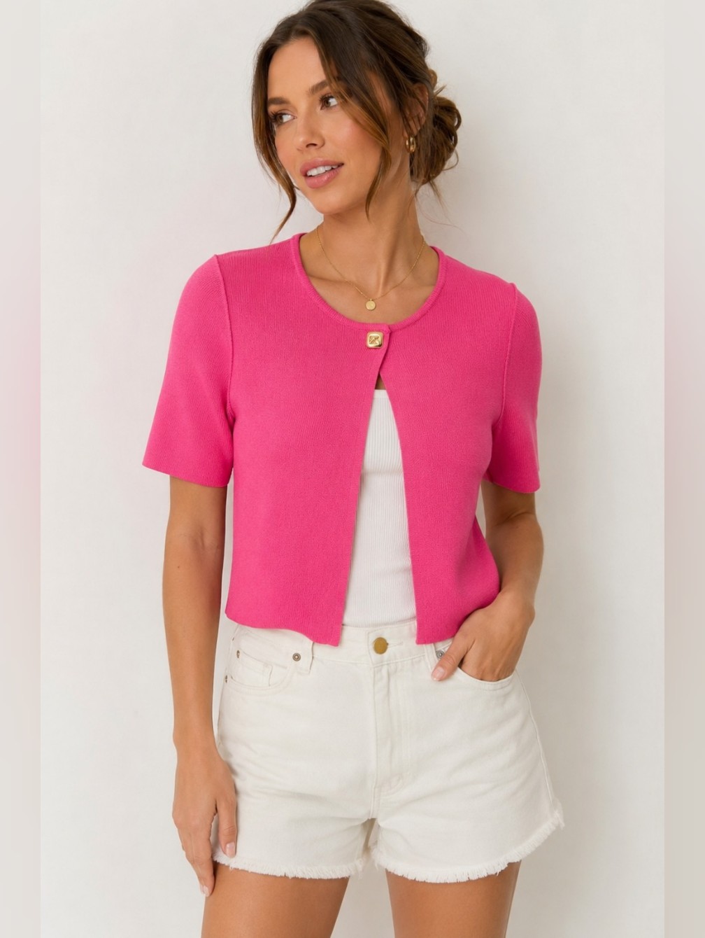 Zara Pink Ribbed Knit Short Sleeve Cropped Cardigan Sweater Size S